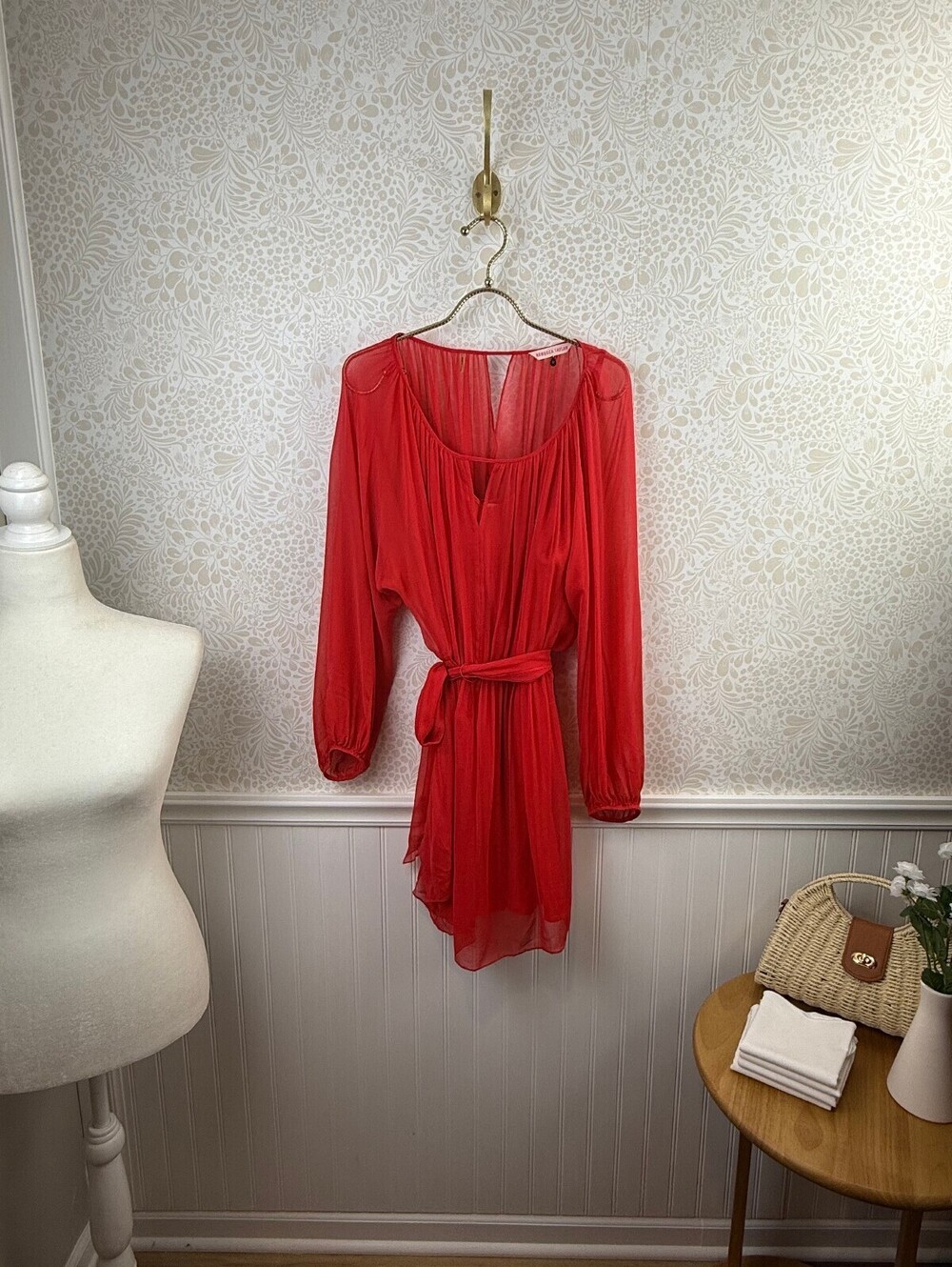 Rebecca Taylor Bright Red Silk Long Sleeve Lined Georgette Dress - Size - 12